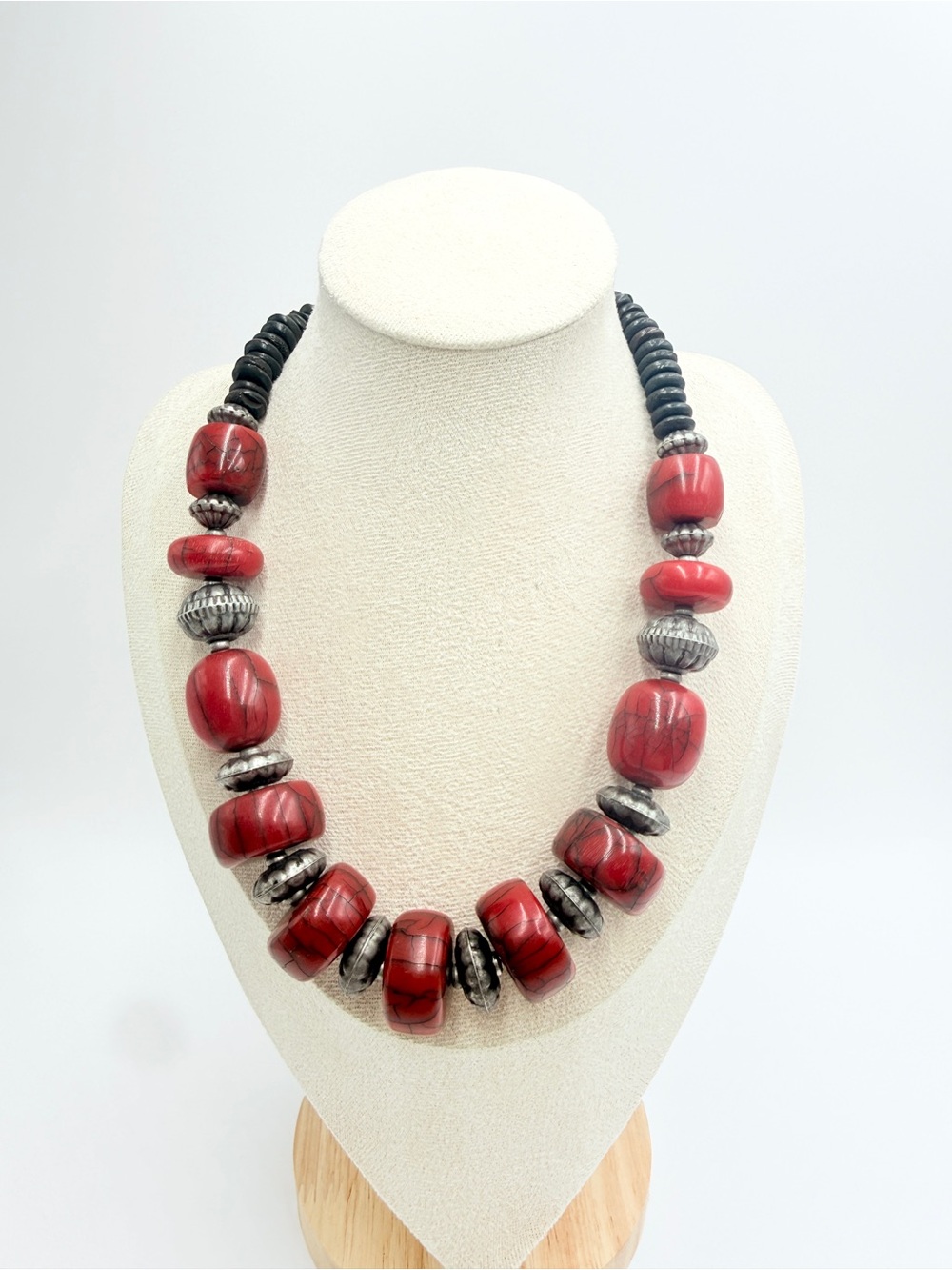 Vintage Red Marbled Statement Necklace with Black Wood & Silver Tone Beads